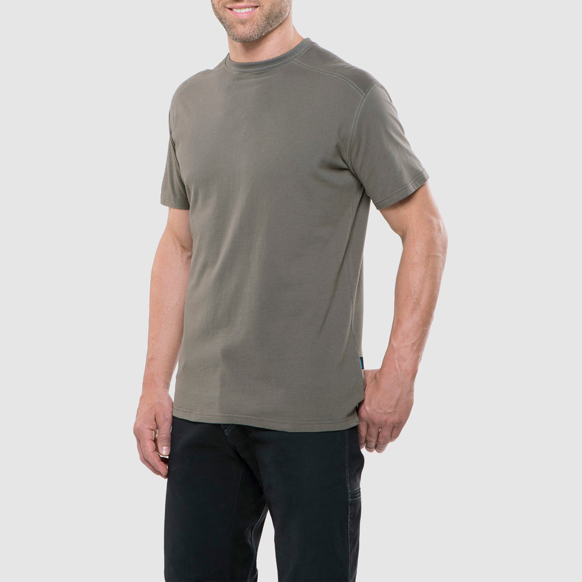 Men's short-sleeve crew neck t-shirt in olive green, three-quarter view