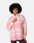 Women's sherpa fleece half-zip pullover with Fair Isle pattern in pink tones, front view on model
