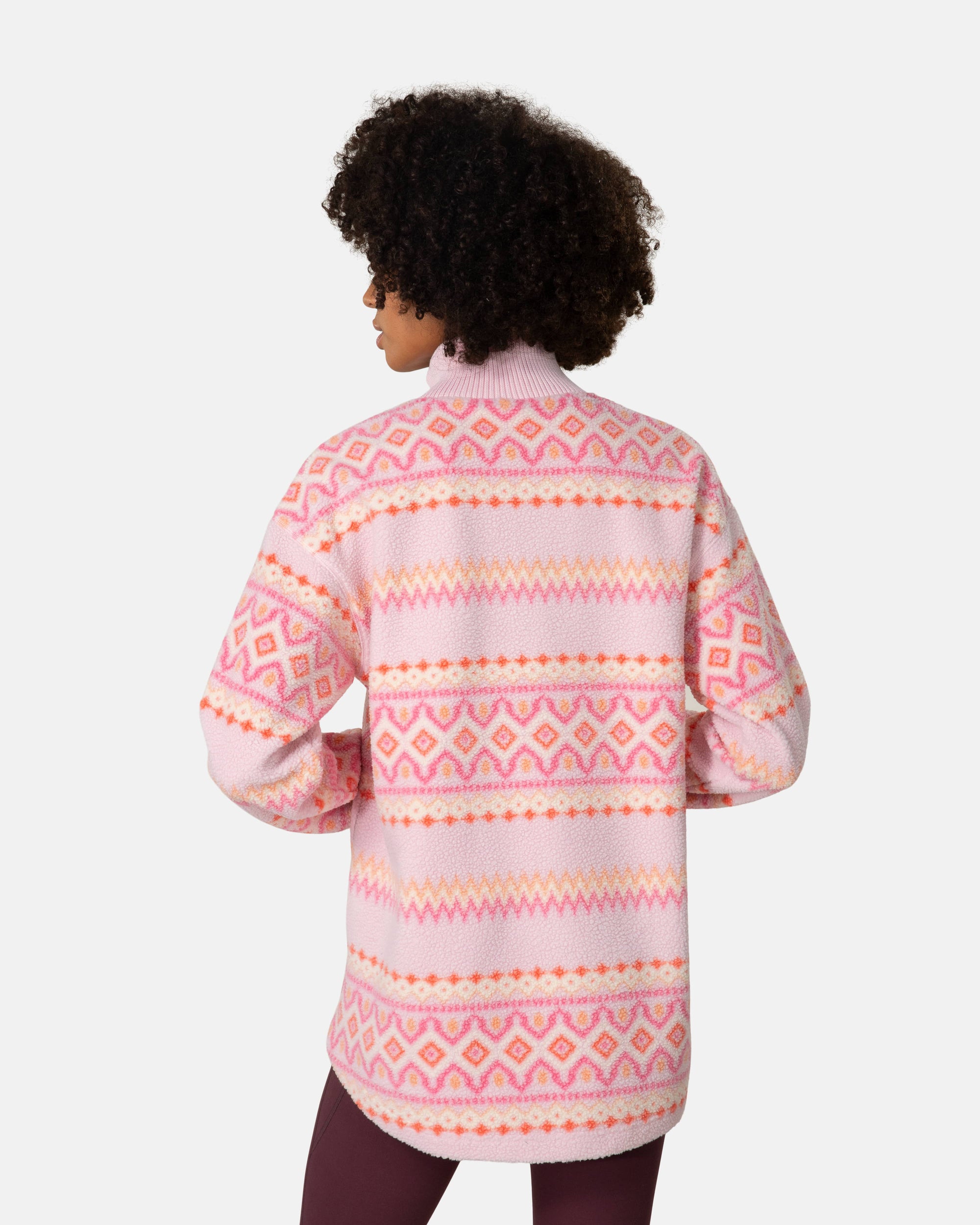 Women's half-zip fleece midlayer with Fair Isle pattern, back view on model