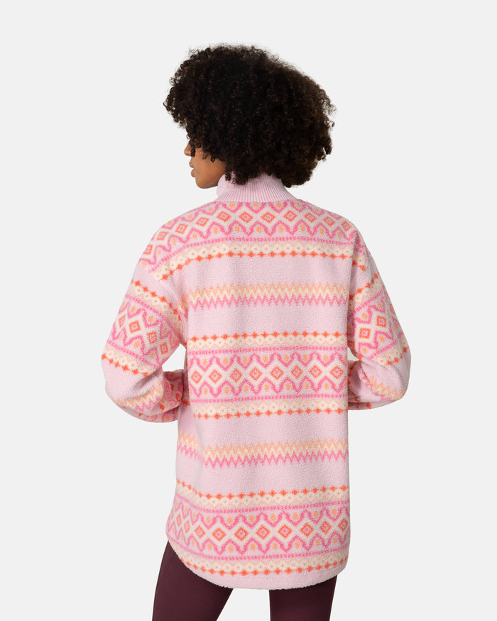 Women's half-zip fleece midlayer with Fair Isle pattern, back view on model