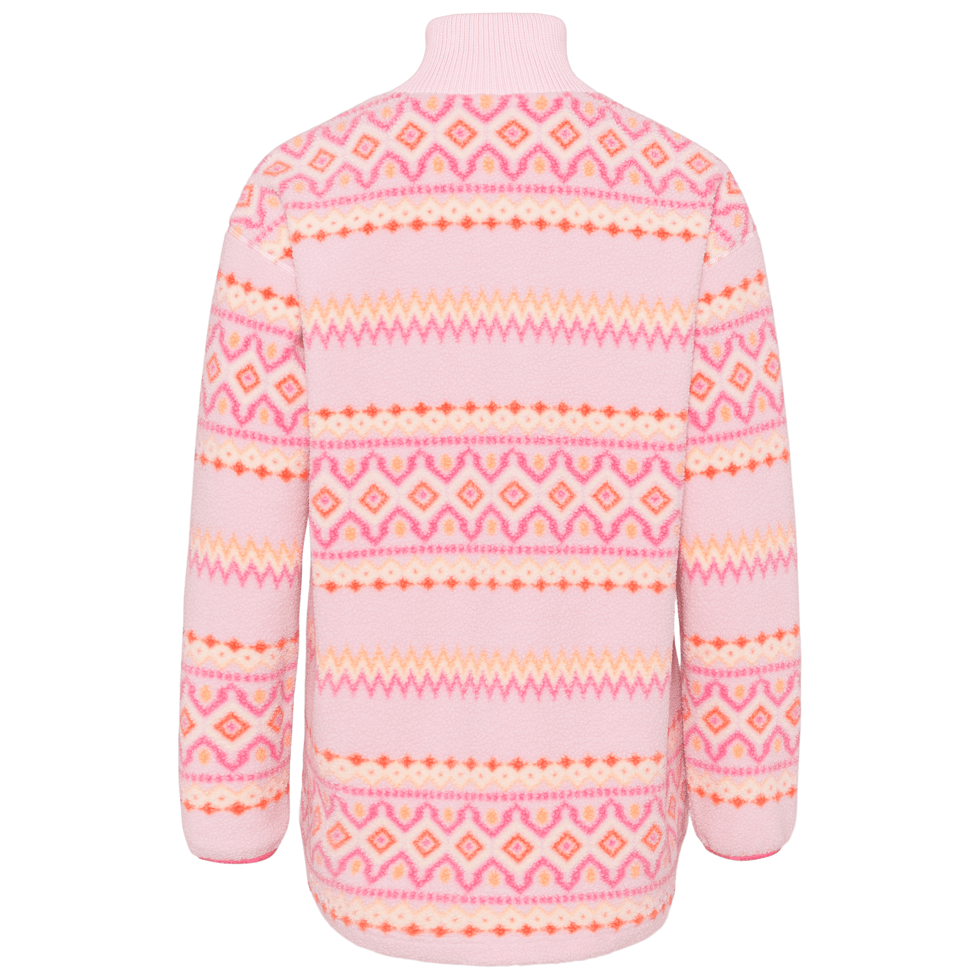 Women's half-zip fleece midlayer with Nordic fair isle pattern, back view showing turtleneck collar