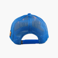 Cobalt blue mesh trucker cap, rear view showing snapback closure and leather patch