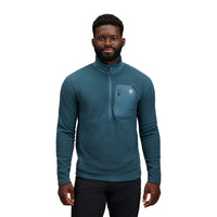 Men's half-zip fleece jacket in teal blue with chest pocket, front view