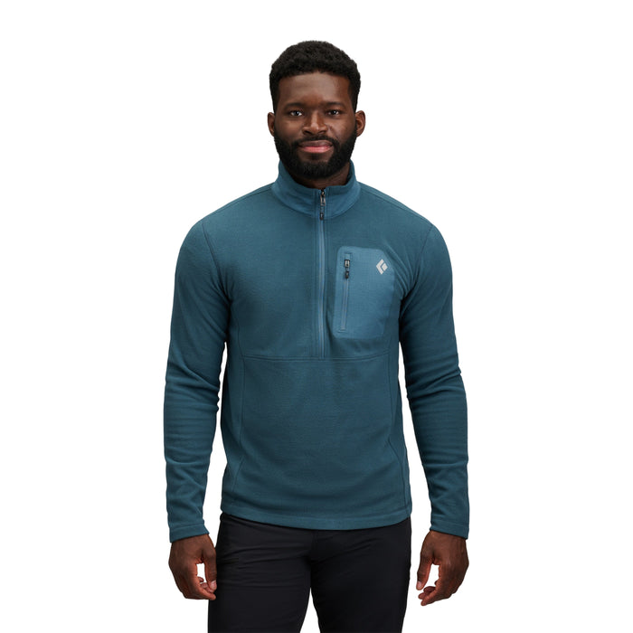Men's half-zip fleece jacket in teal blue with chest pocket, front view