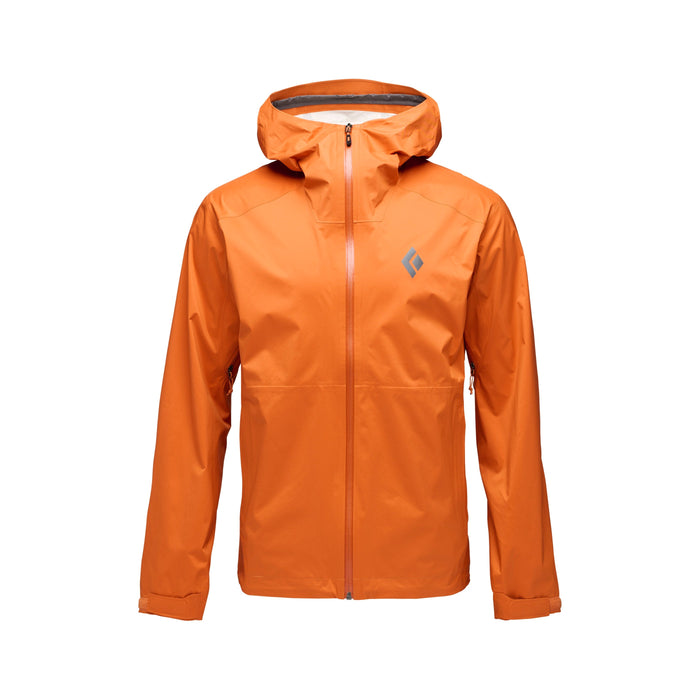 Bright orange hooded shell jacket with full front zip, front view on white background