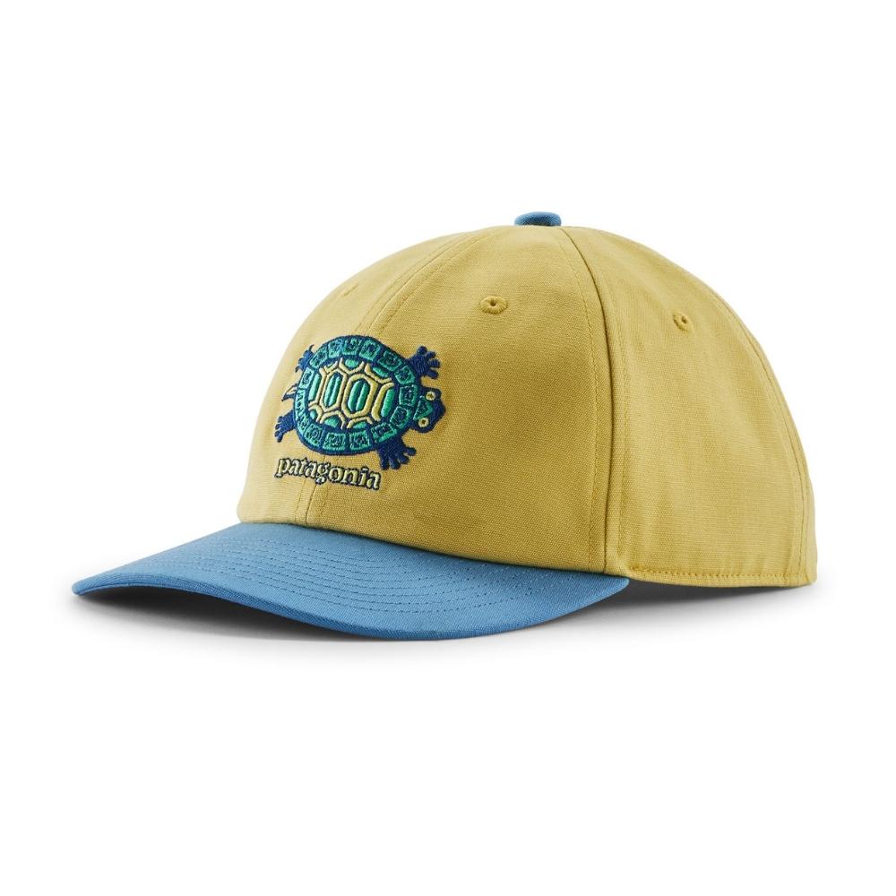 Yellow and blue two-tone baseball cap with embroidered turtle graphic on front panel