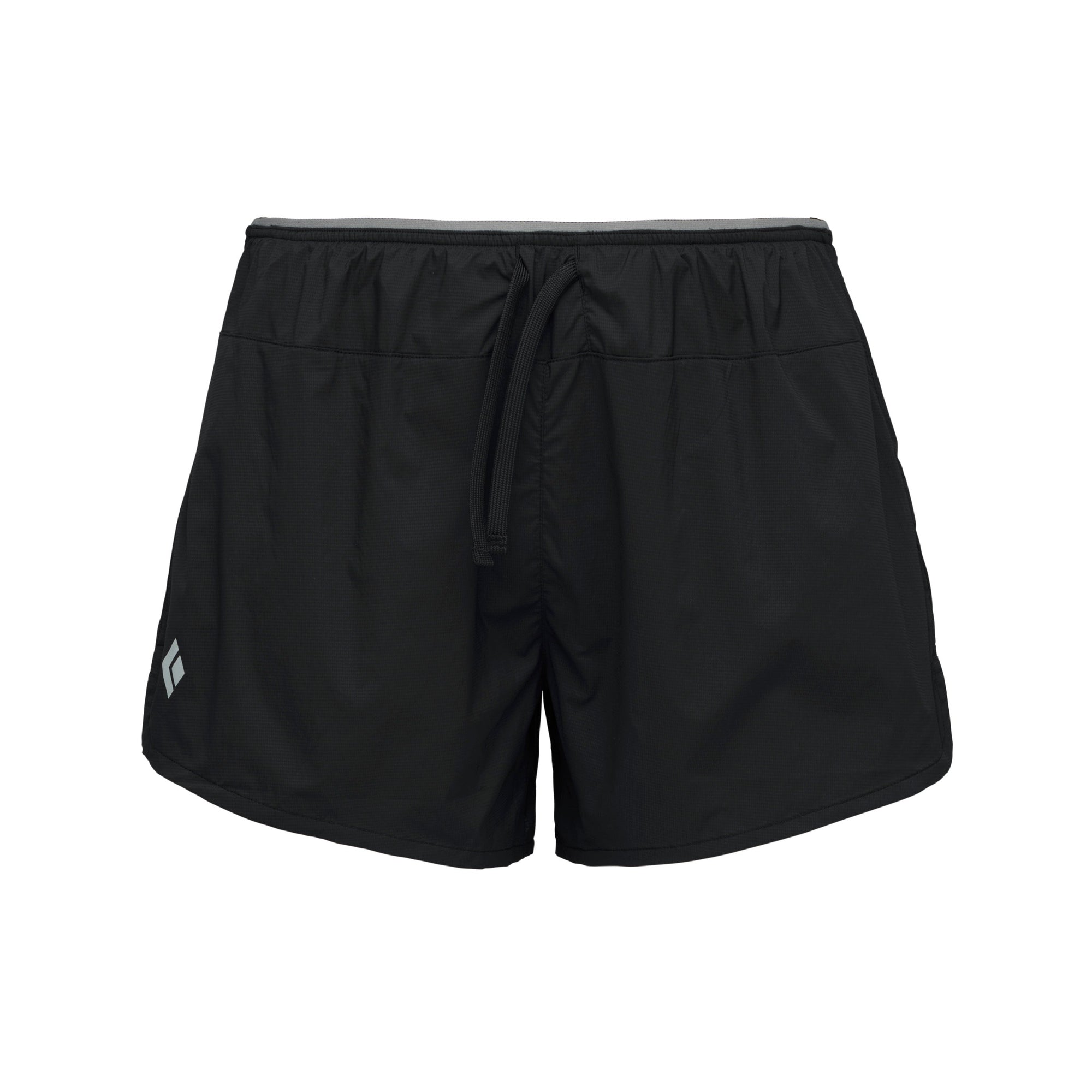 Black athletic shorts with drawstring waistband and side logo, front view