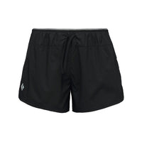 Black athletic shorts with drawstring waistband and side logo, front view