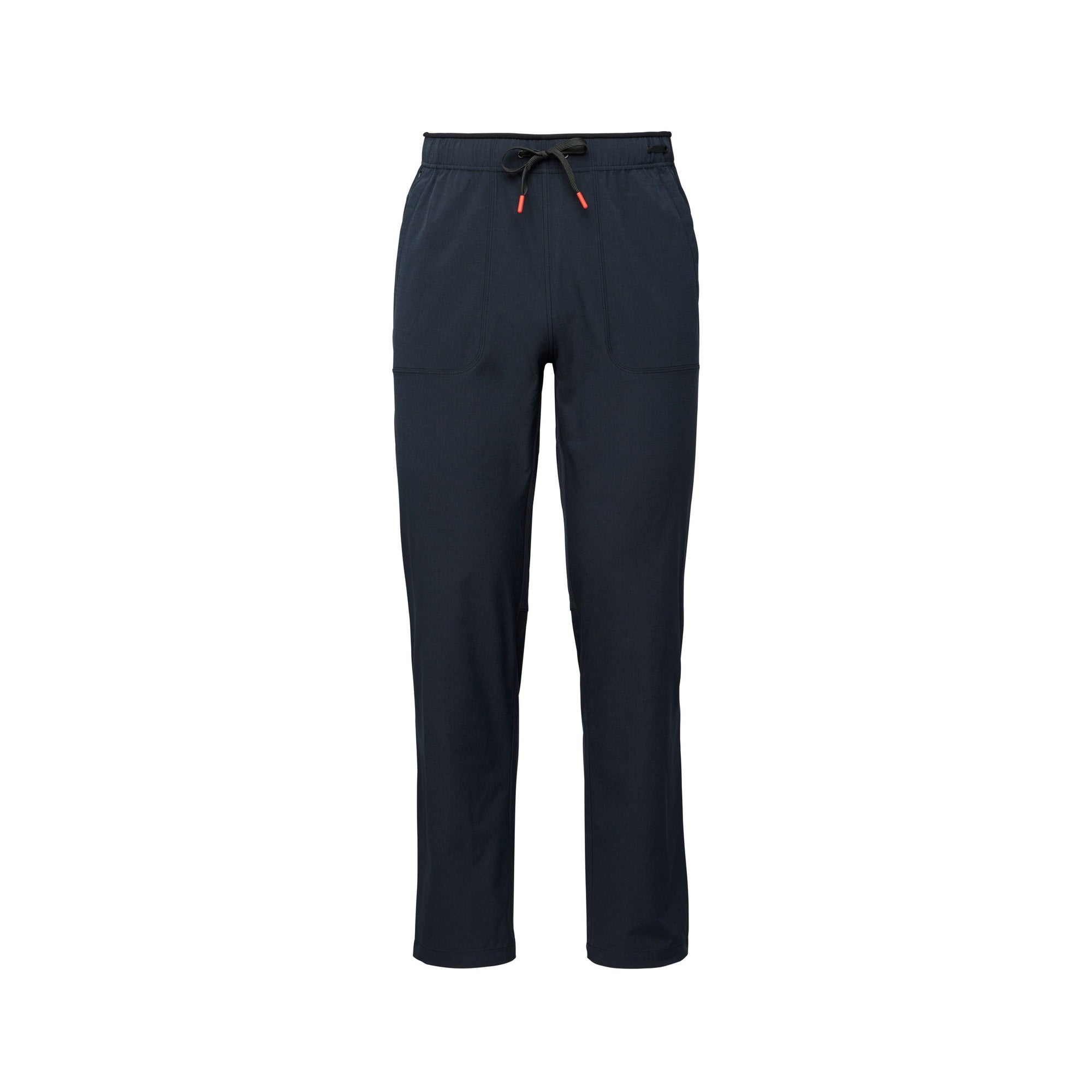 Dark navy athletic pants with elastic waistband and drawstring, front view