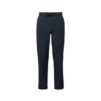Dark navy athletic pants with elastic waistband and drawstring, front view