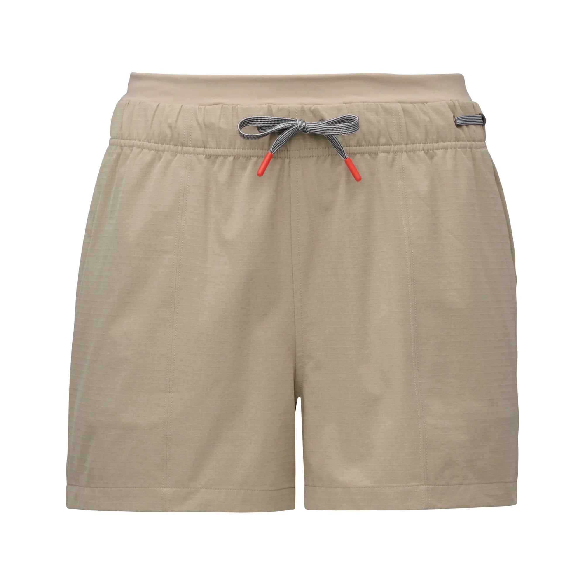Light beige athletic shorts with drawstring waist and cuffed hems, front view