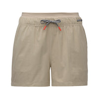 Light beige athletic shorts with drawstring waist and cuffed hems, front view