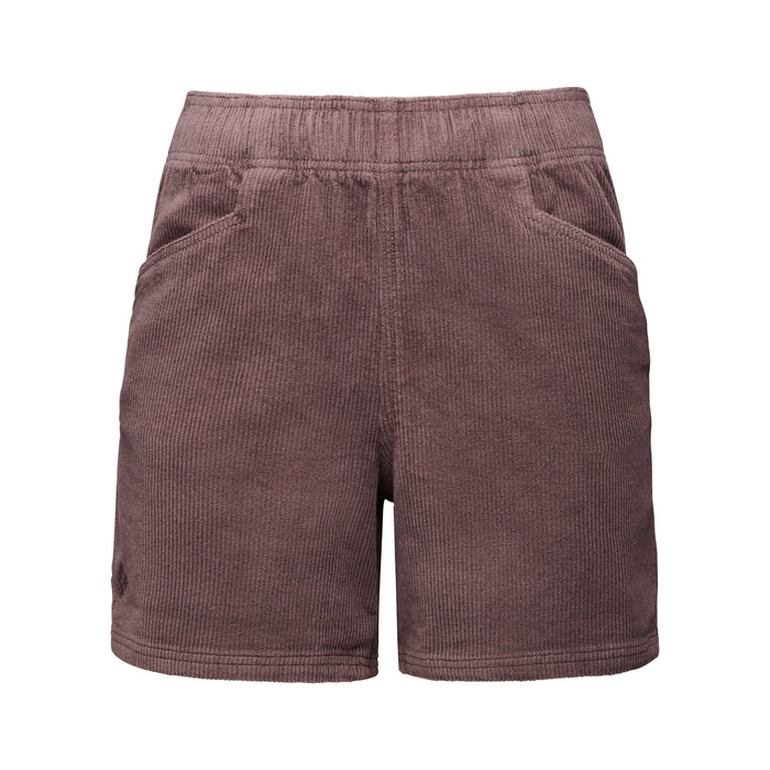 Women's corduroy shorts with elastic waistband and rolled cuffs, front view