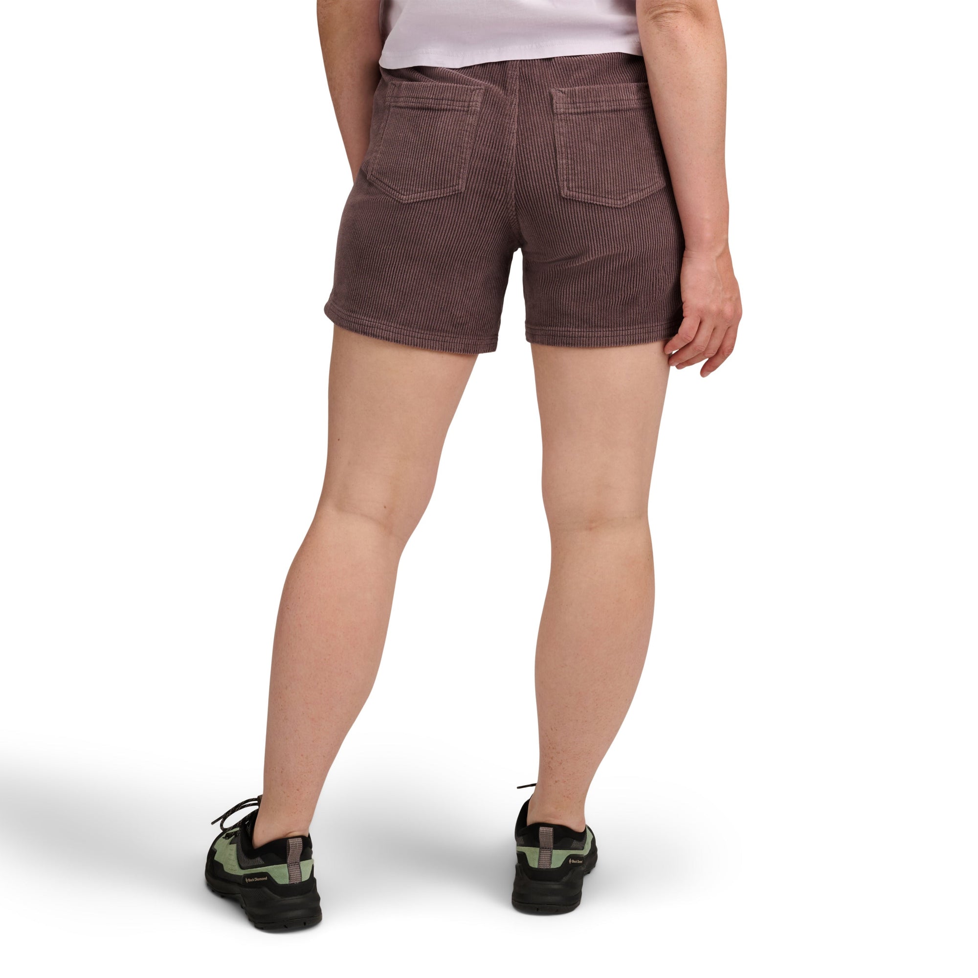 Women's corduroy shorts shown from back view with back pockets and cuffed hems