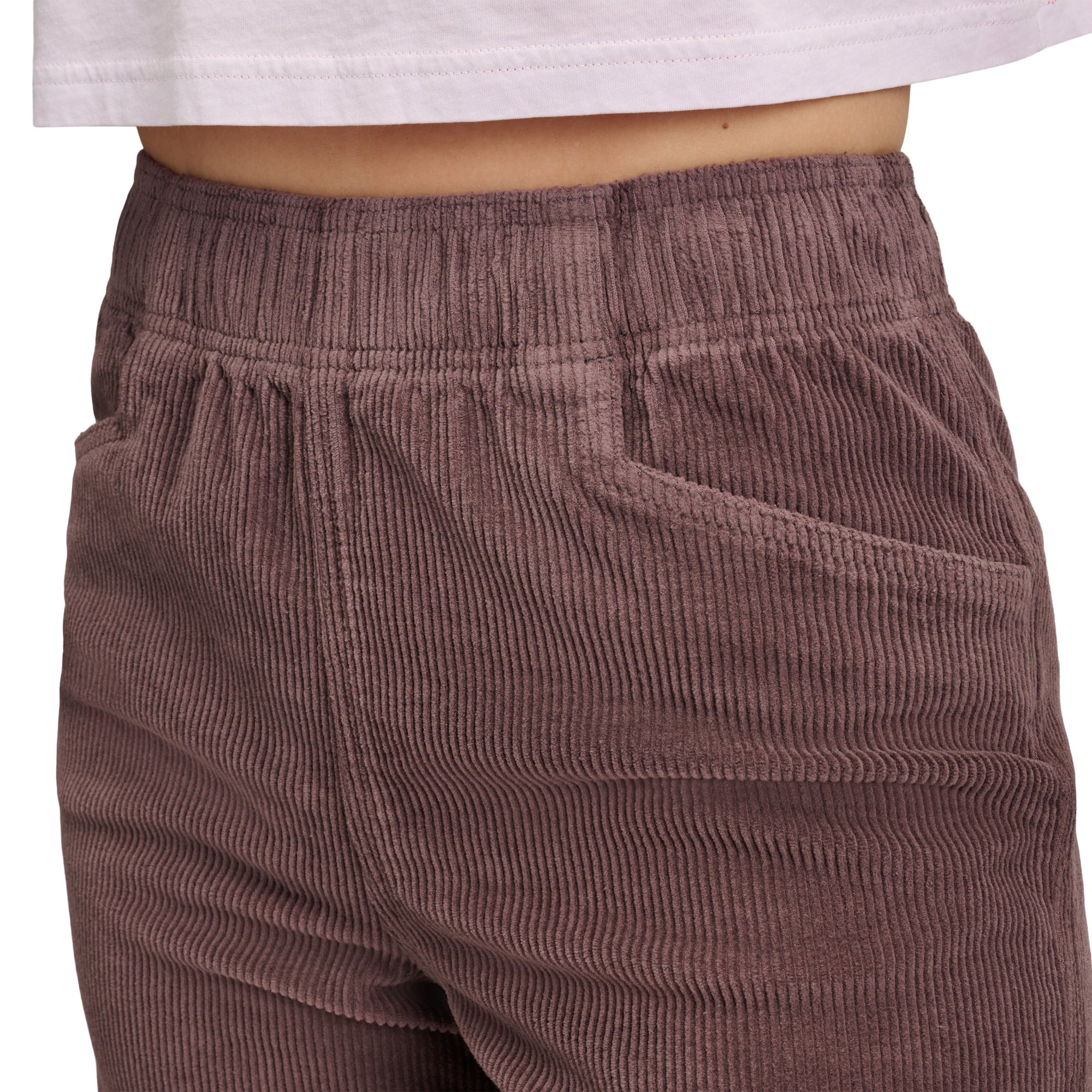 Corduroy shorts in dusty purple shade shown from front angle with elastic waistband