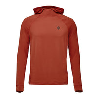 Rust orange hooded athletic pullover with textured fabric and diamond logo on chest