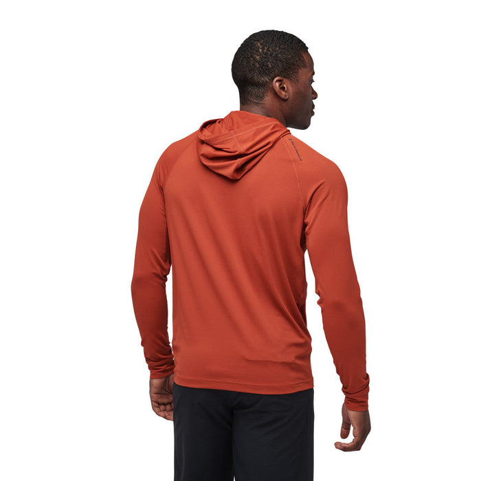Orange hooded athletic shirt shown from back view on male model