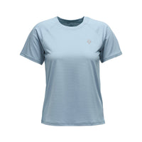 Light blue short sleeve athletic tee shirt with crew neck, front view on white background