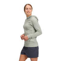 Women's sage green hooded sweatshirt with kangaroo pocket, three-quarter view