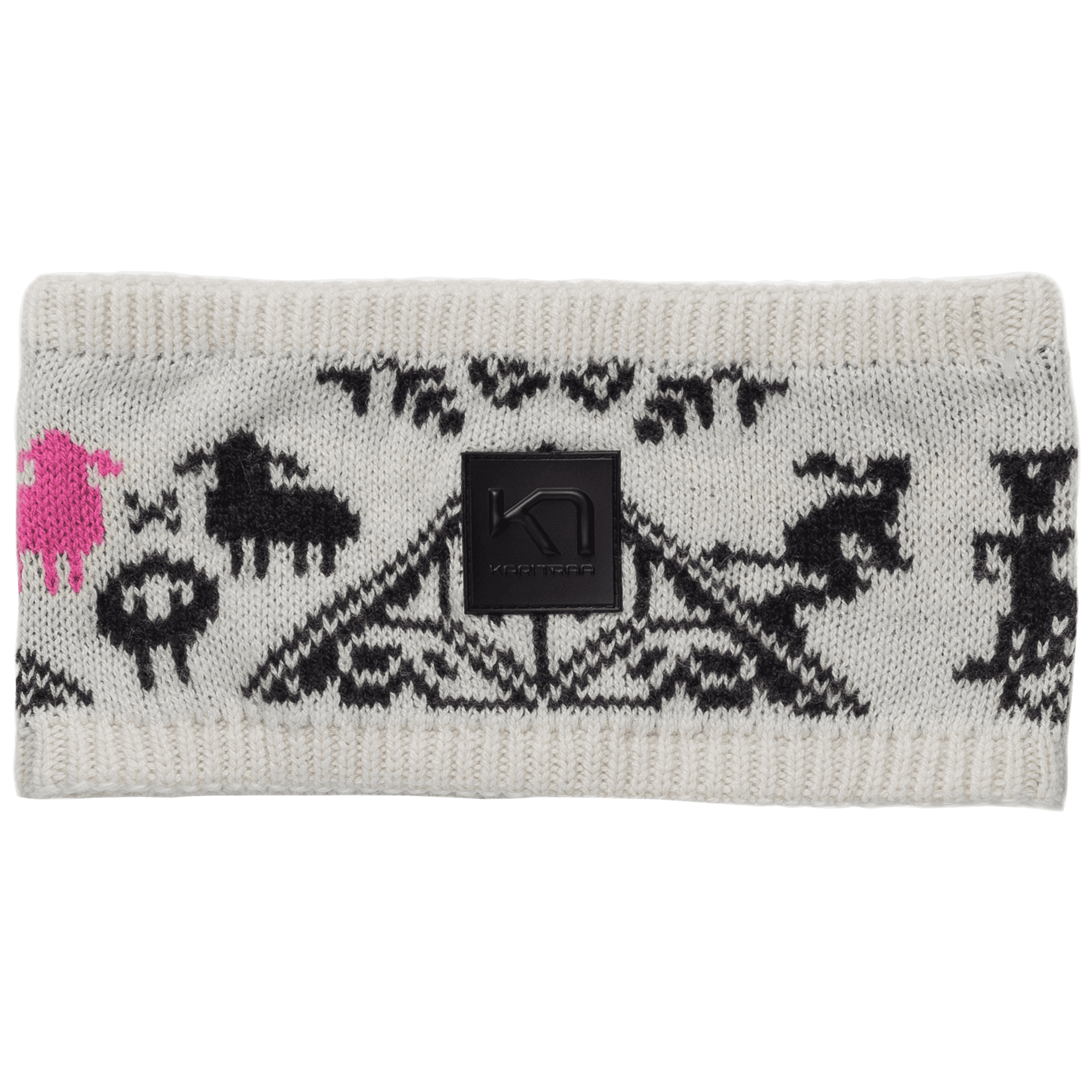 Knit headband in off-white with black Nordic sheep pattern and pink accent, flat lay view