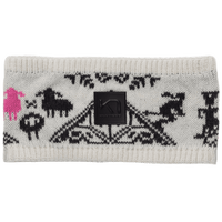 Knit headband in off-white with black Nordic sheep pattern and pink accent, flat lay view