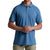 Medium blue polo shirt with collar and button placket, front view on model