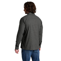 Men's long-sleeve button-up shirt in dark charcoal, back view on model with jeans