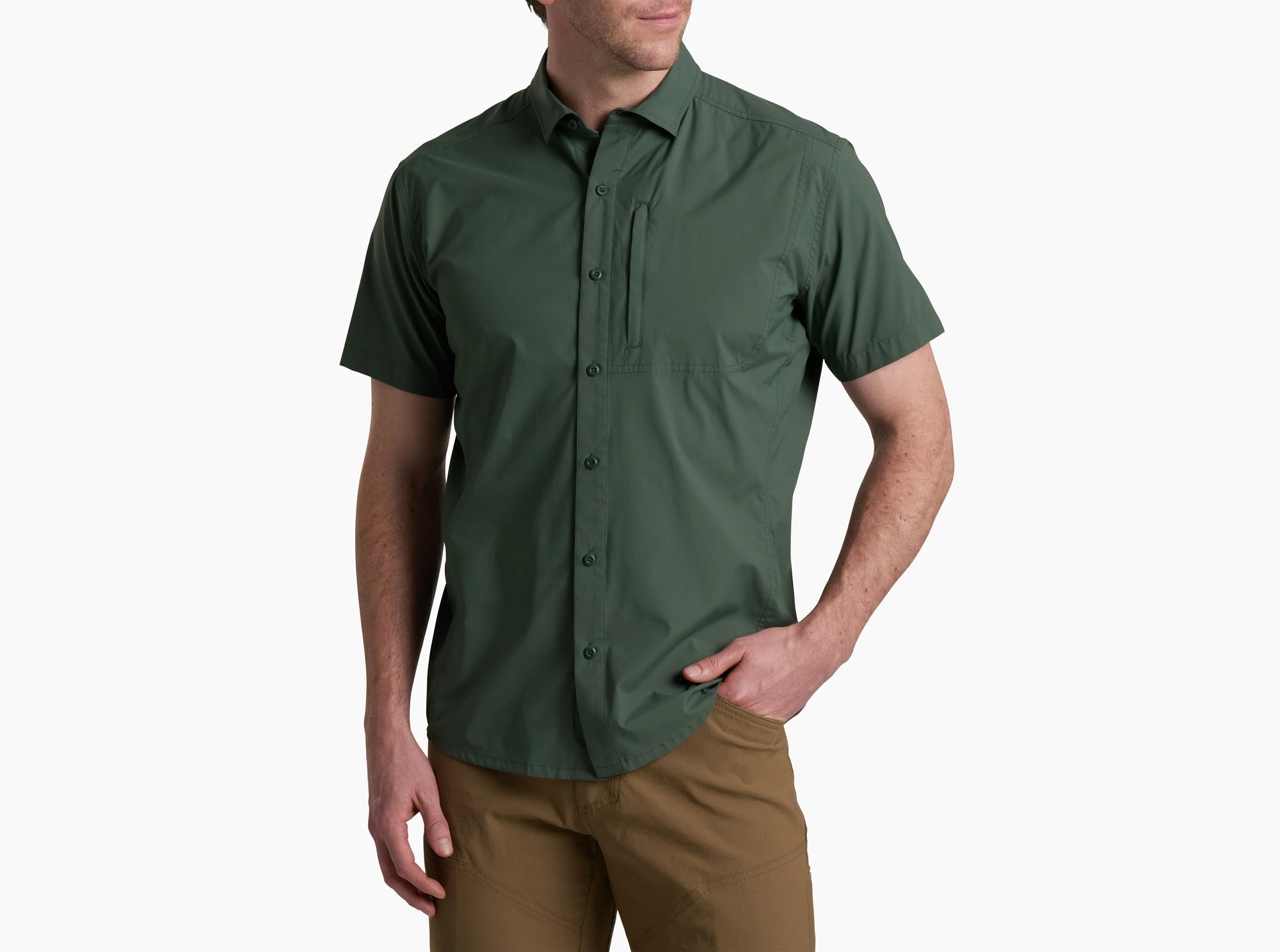 Men's short-sleeve button-up shirt in dark green with chest pocket, front view