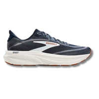 Navy blue running shoe with mesh upper, white midsole and orange outsole accents, side view