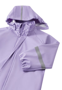 Light purple children's raincoat with hood, reflective strips, and zip closure on white background