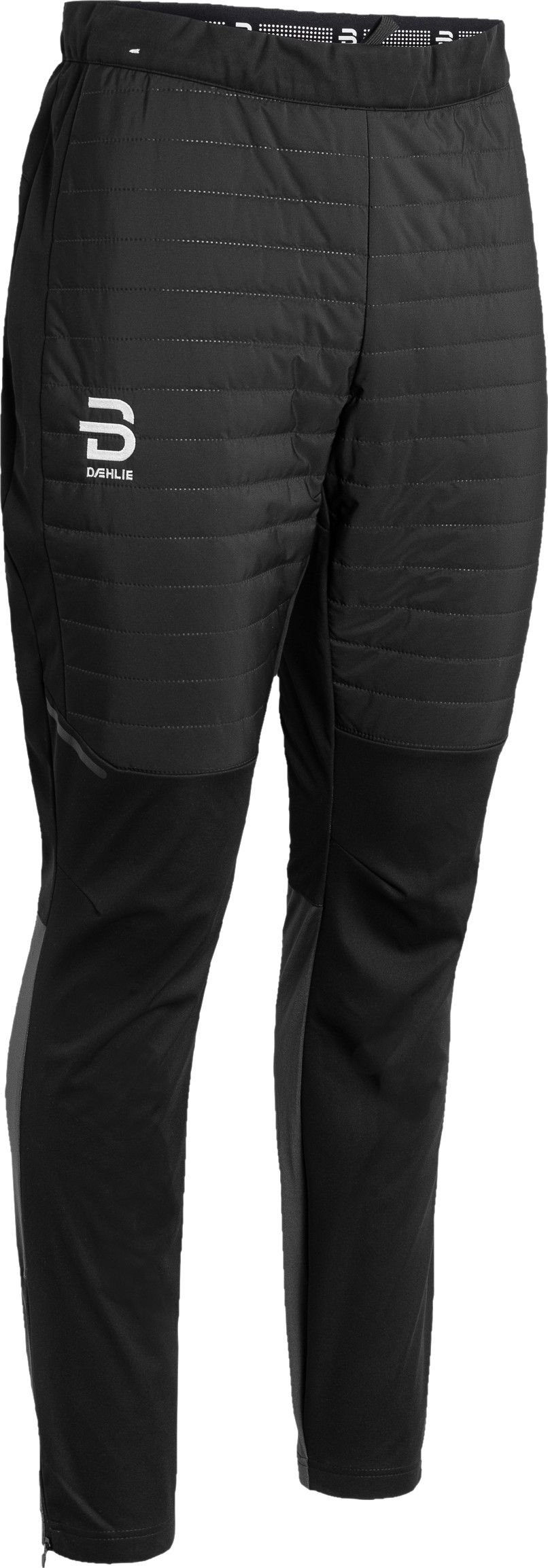 Black insulated hybrid pants with quilted upper section and stretch lower leg panels, front view