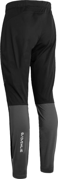 Men's athletic running tights back view, black with gray lower leg panels and brand logo