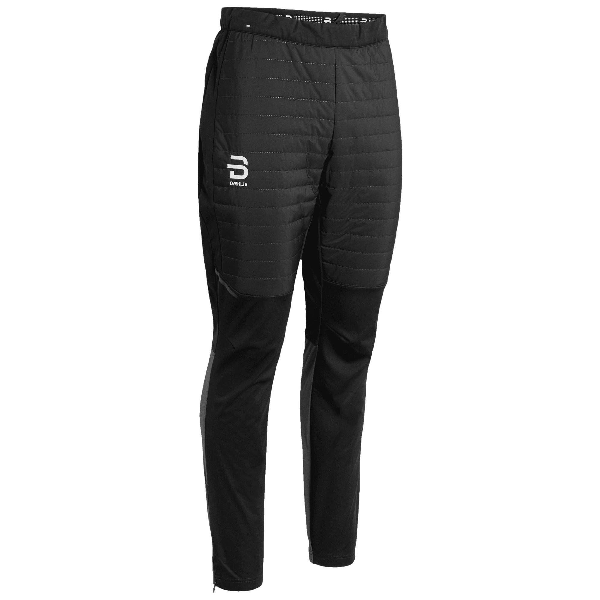 Black quilted athletic pants with elastic waistband and mixed fabric panels, front angle view