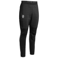 Black quilted athletic pants with elastic waistband and mixed fabric panels, front angle view