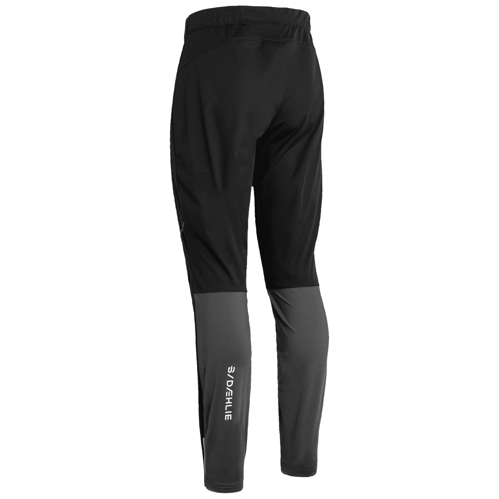 Back view of slim-fit athletic pants with two-tone black and dark gray panels