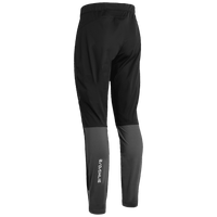 Back view of slim-fit athletic pants with two-tone black and dark gray panels