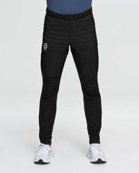 Black insulated slim-fit athletic pants with quilted front panels, front view on model