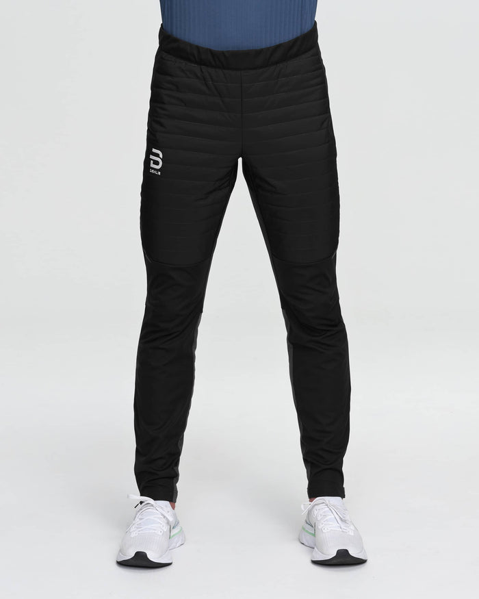 Black insulated slim-fit athletic pants with quilted front panels, front view on model