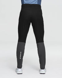 Men's slim-fit athletic pants, back view, black with dark gray lower leg panels