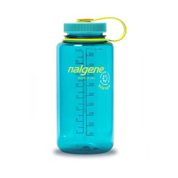 32oz wide-mouth translucent teal water bottle with measurement markings and yellow loop cap
