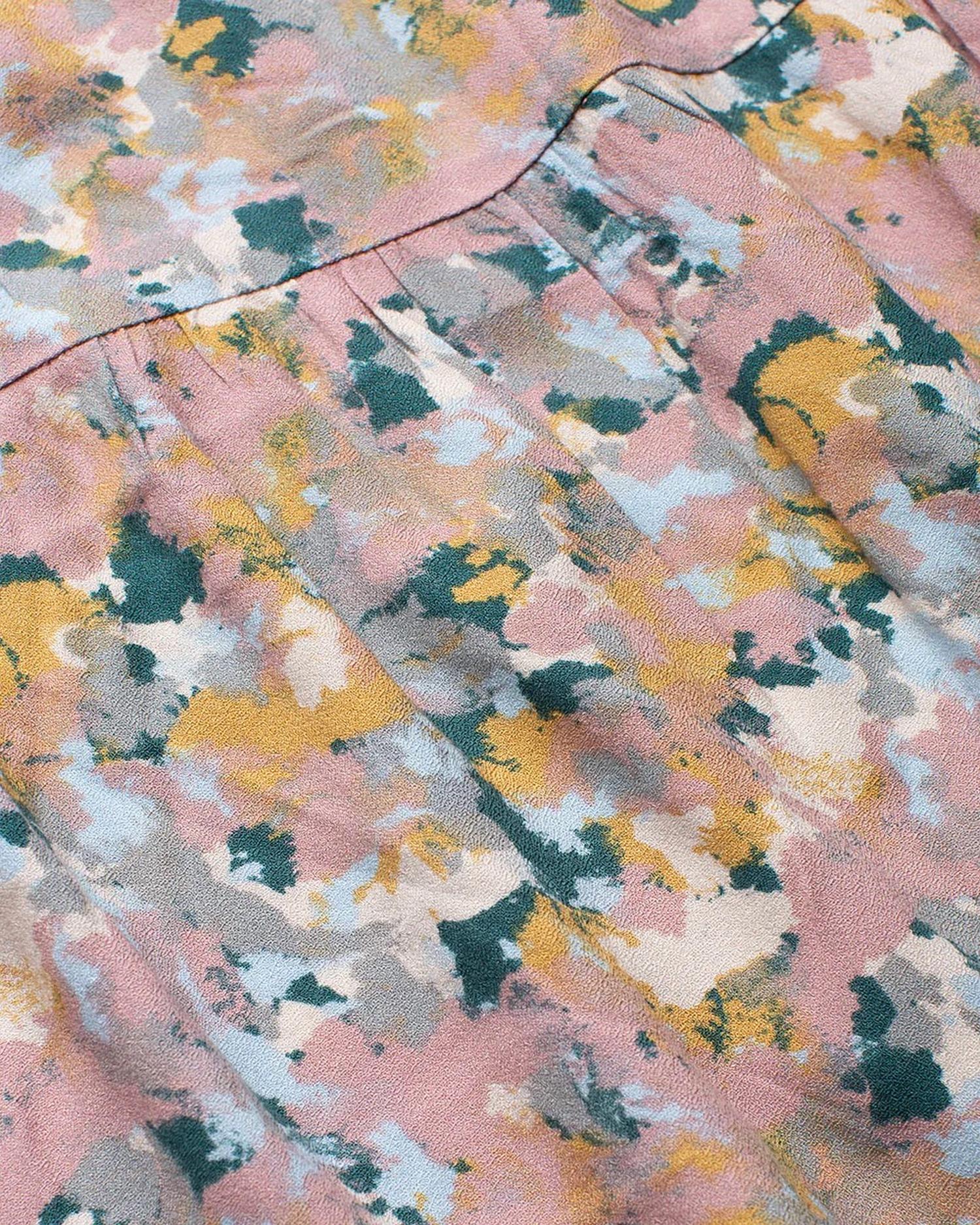 Women's midi skirt with abstract splatter print in pink, teal and yellow tones