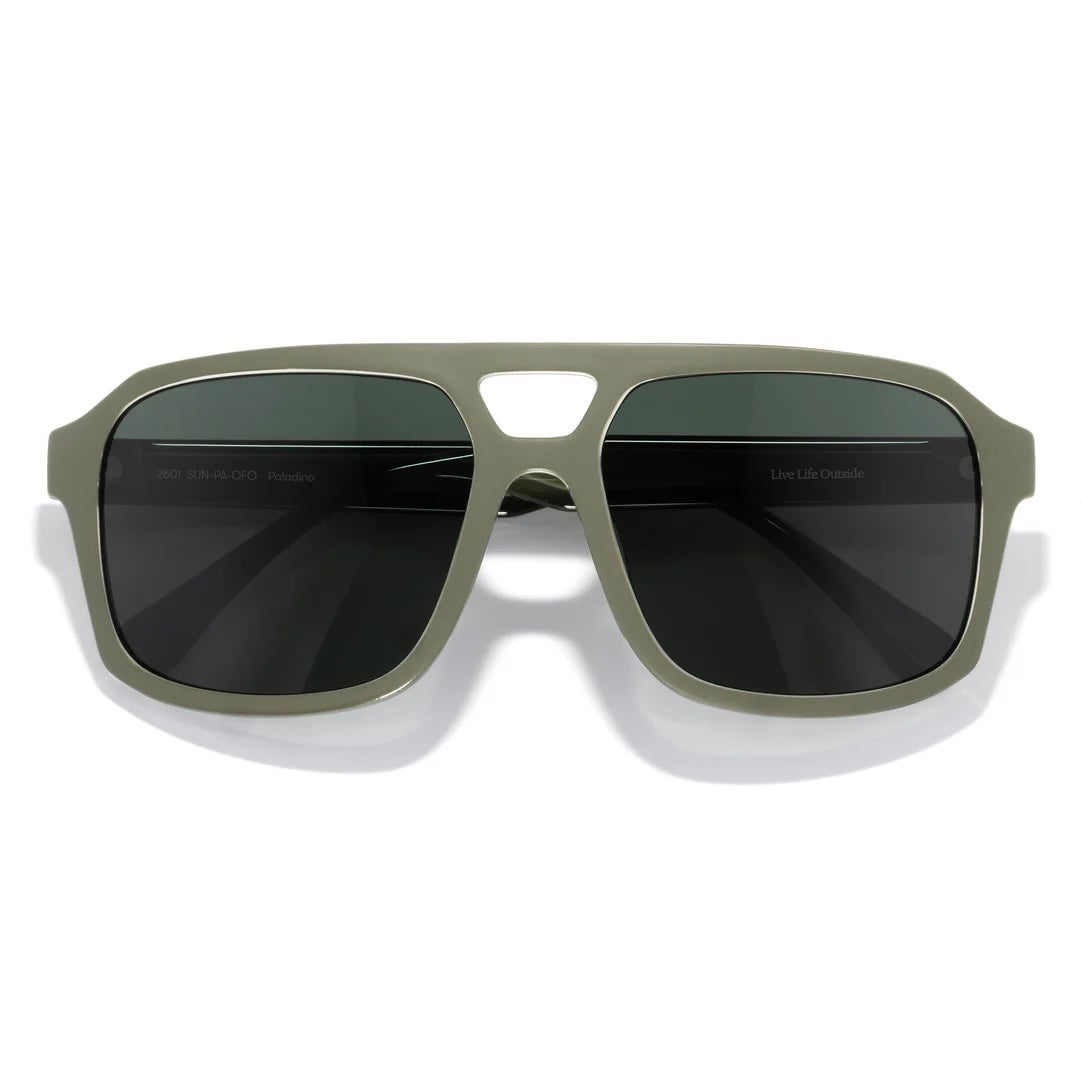 Square aviator sunglasses with matte olive green frame and dark tinted lenses, front view
