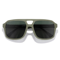 Square aviator sunglasses with matte olive green frame and dark tinted lenses, front view