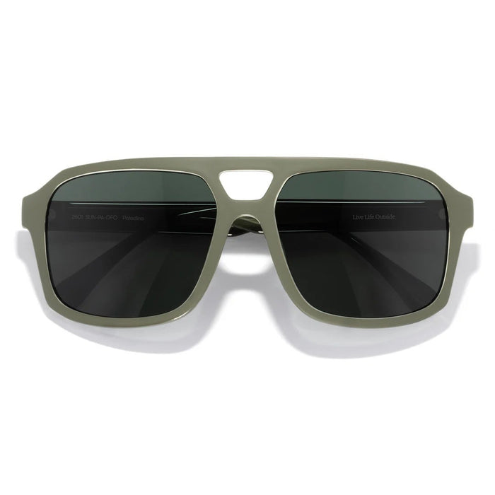 Square aviator sunglasses with matte olive green frame and dark tinted lenses, front view