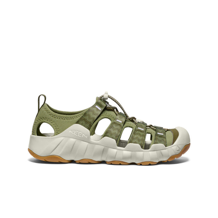 Olive green and gray water sandal with adjustable straps and protective toe cap, side view