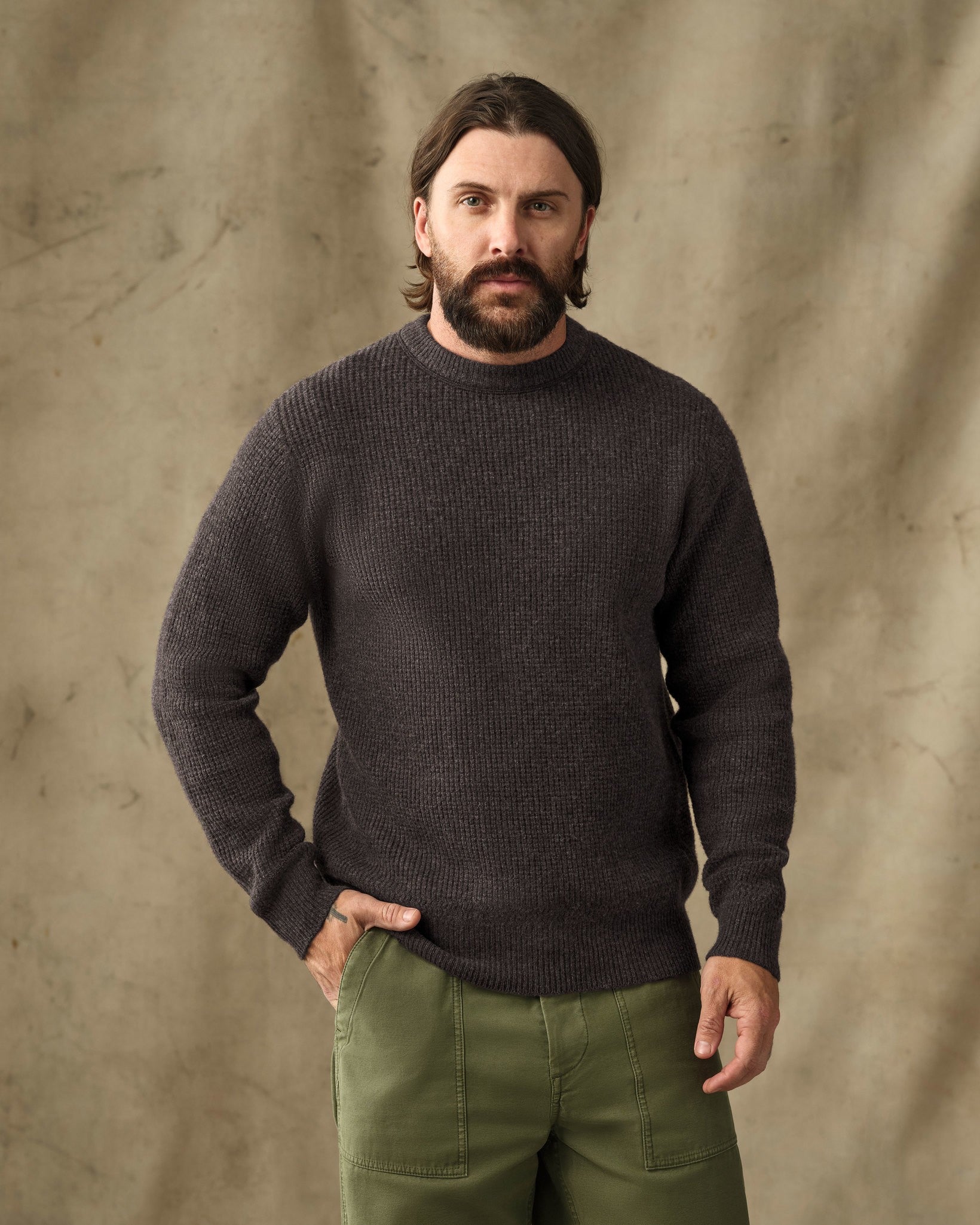 Men's waffle knit crewneck sweater in dark heather, front on-model view