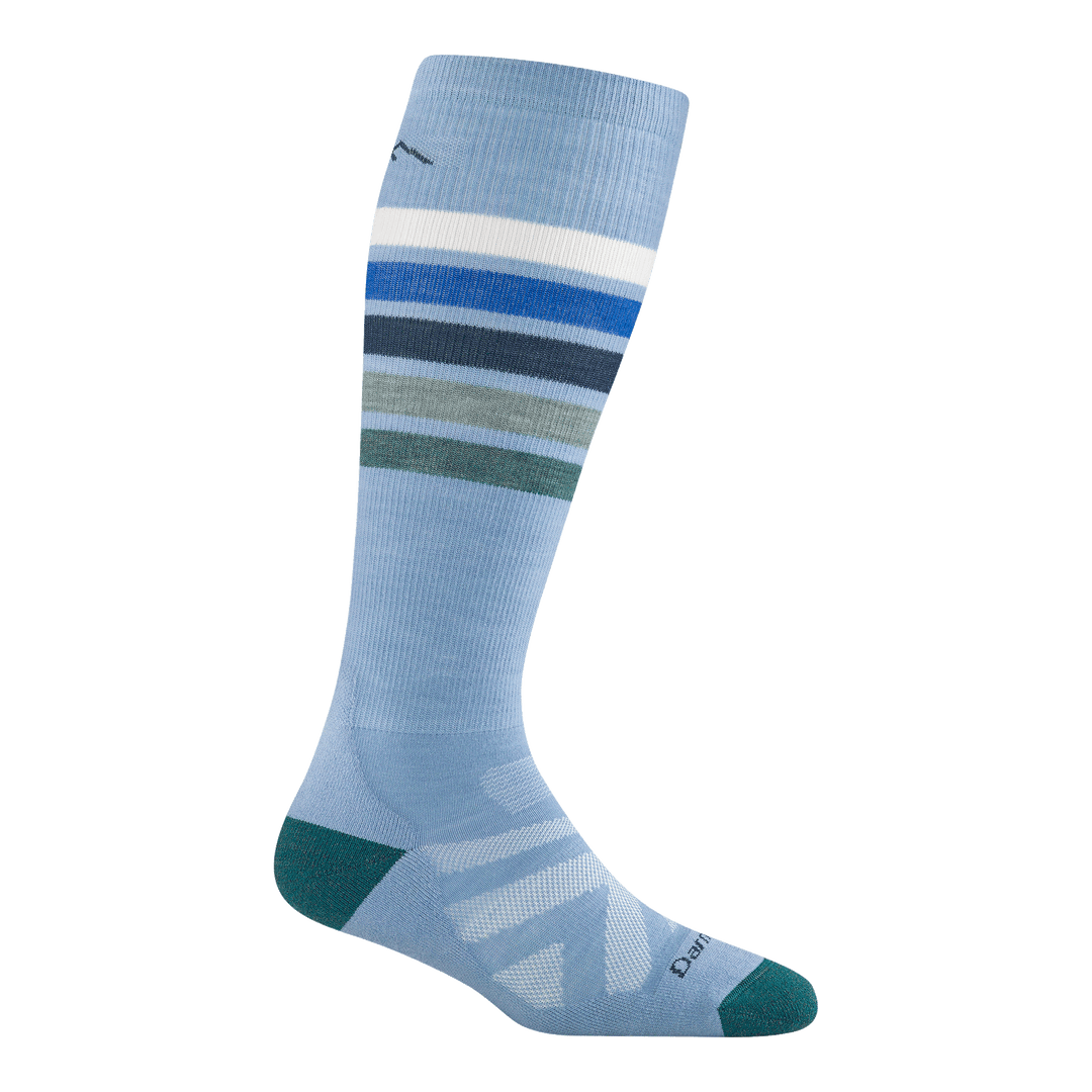 Knee-high light blue ski sock with multicolor horizontal stripes and teal toe and heel