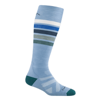 Knee-high light blue ski sock with multicolor horizontal stripes and teal toe and heel