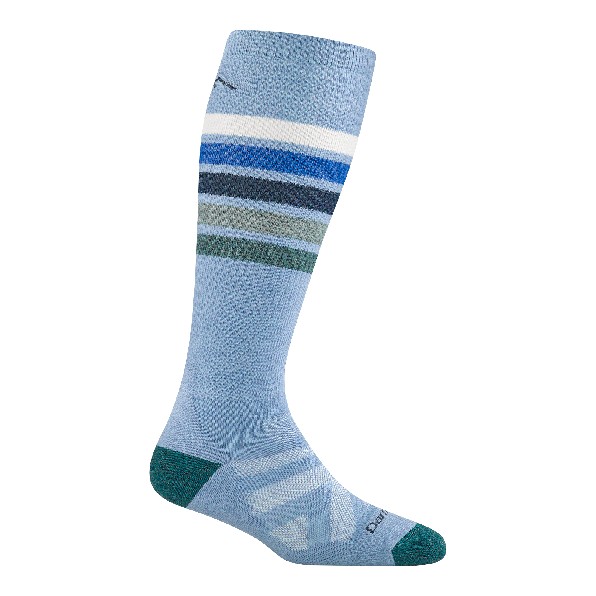 Light blue knee-high ski sock with multicolor horizontal stripes and teal heel and toe