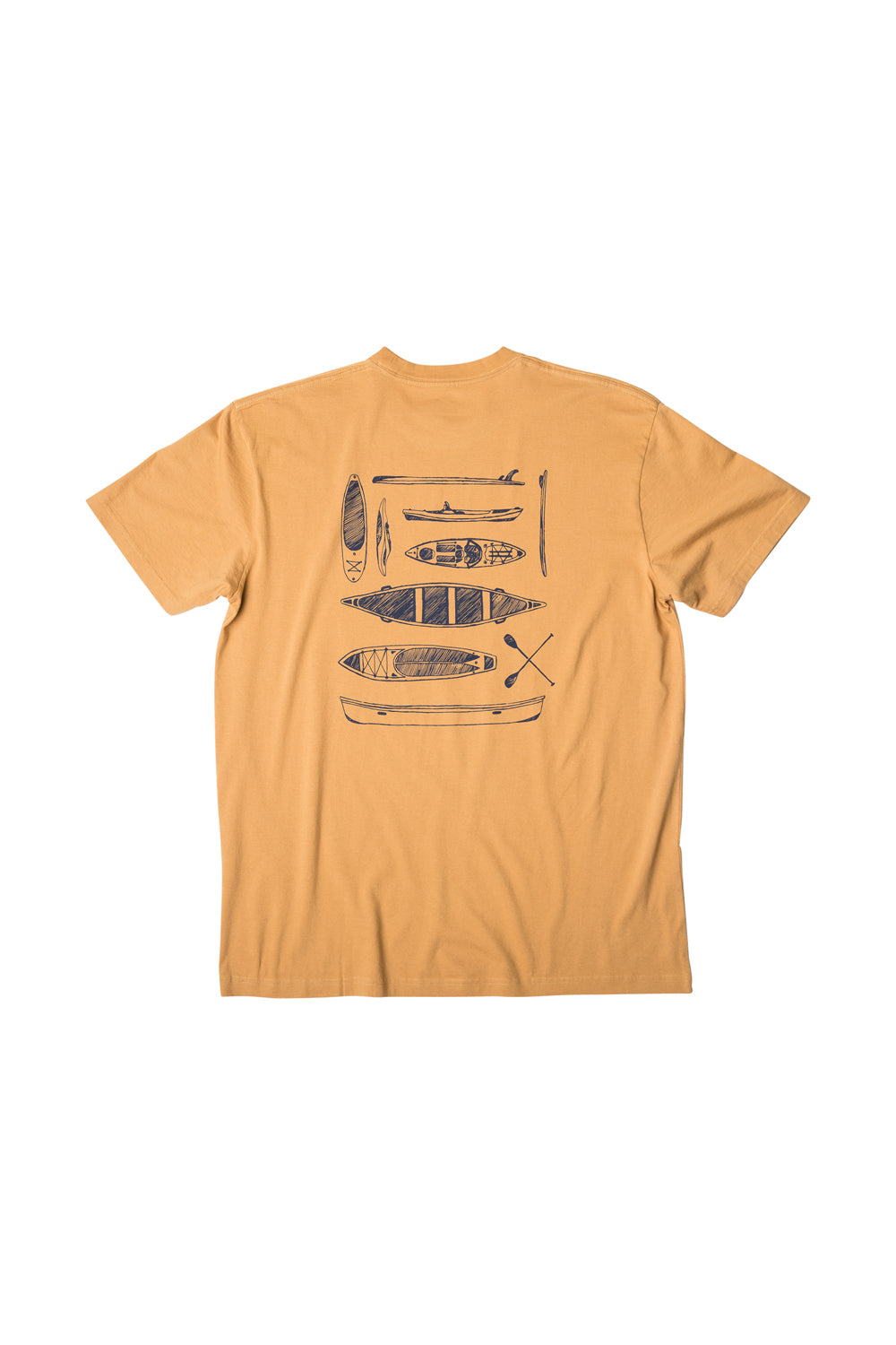 Orange t-shirt back view showing various canoe and kayak illustrations with paddles
